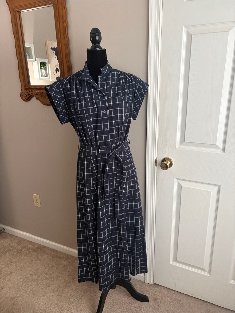 Calvin Klein Navy Windowpane Belted Maxi Shirt Dress